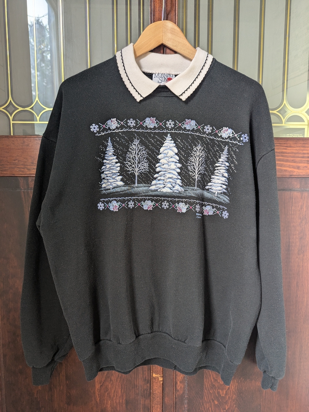 Black Grannycore Sweater with Silver Winter Tree Print
